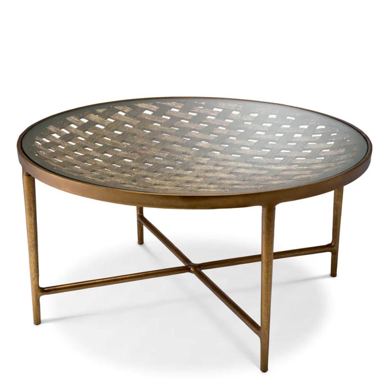 Metal weave detail round coffee table in antique brass finish