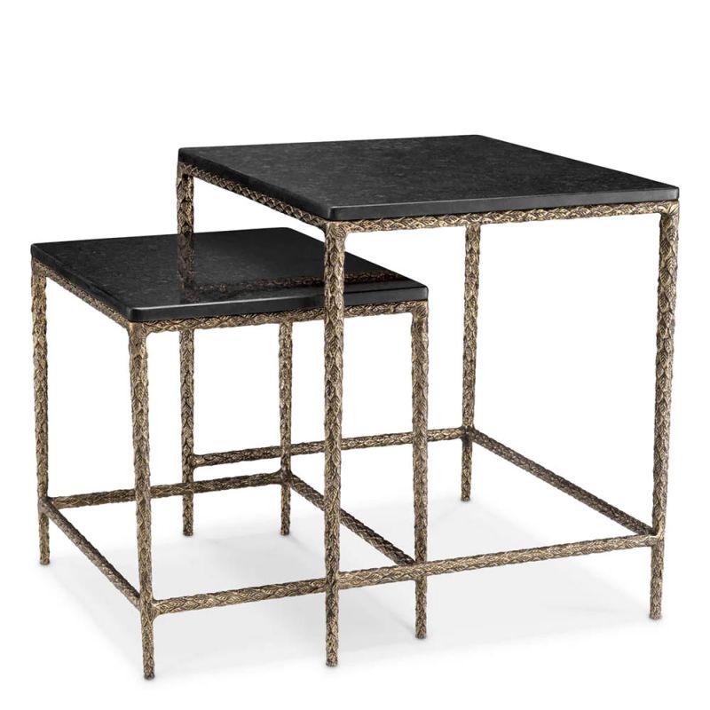 Set of two square-shaped black granite side tables with brass-finished base