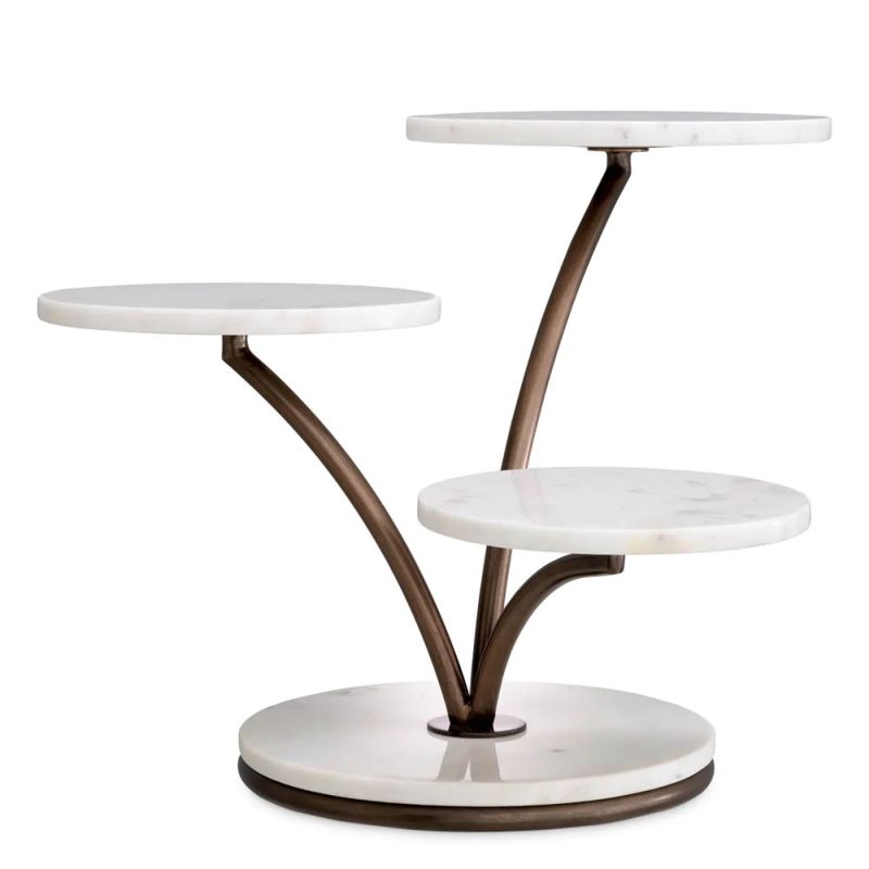 Three level cake stand with white marble bases and bronze finishes