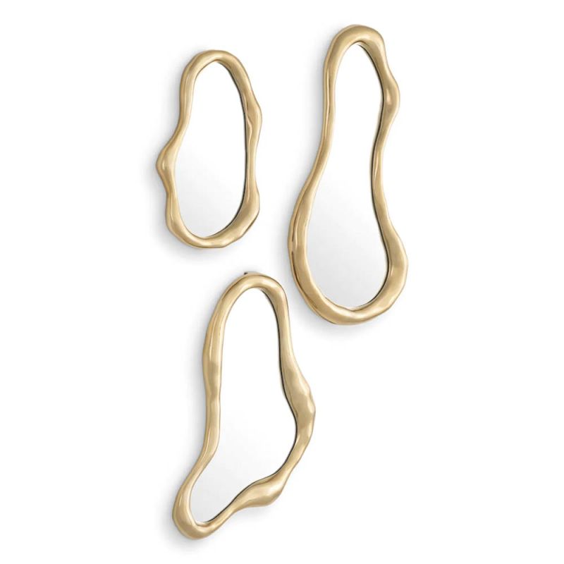 Organic shape set of three mirrors boasting fluid gold-finished frames