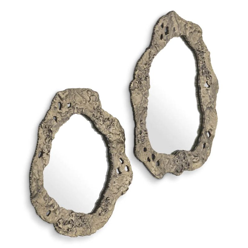 Organic shaped set of 2 wall mirrors finished in antique brass