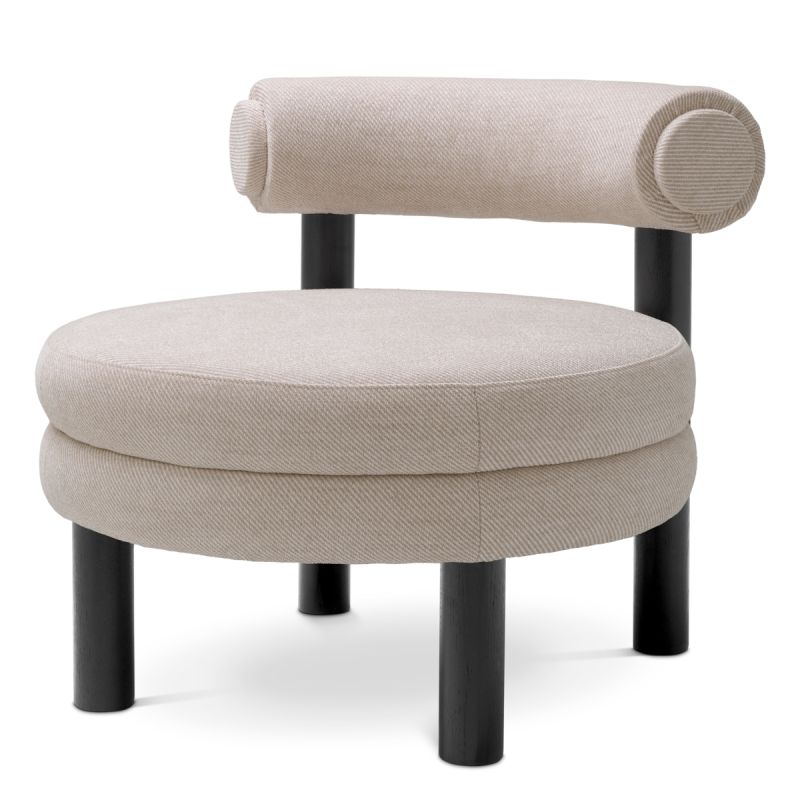 Taupe linen upholstered chair with round seat and cylinder backrest