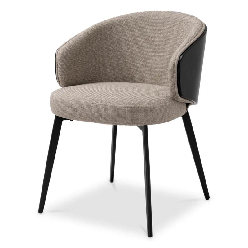 Linen upholstered dining chair in taupe with black wood back
