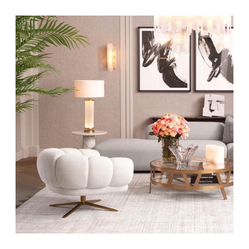 Side lamp with delicate glass columns surrounding the base and white shade