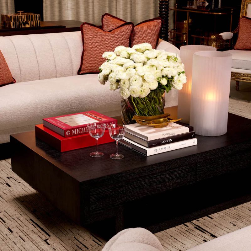 Low modern coffee table with shelf and two drawers in charcoal grey