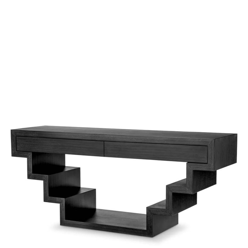 Stepped modern console table with two drawers in charcoal grey finish