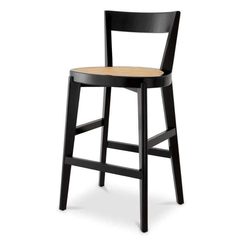 A stylish barstool by Eichholtz with a black composition and rattan seat