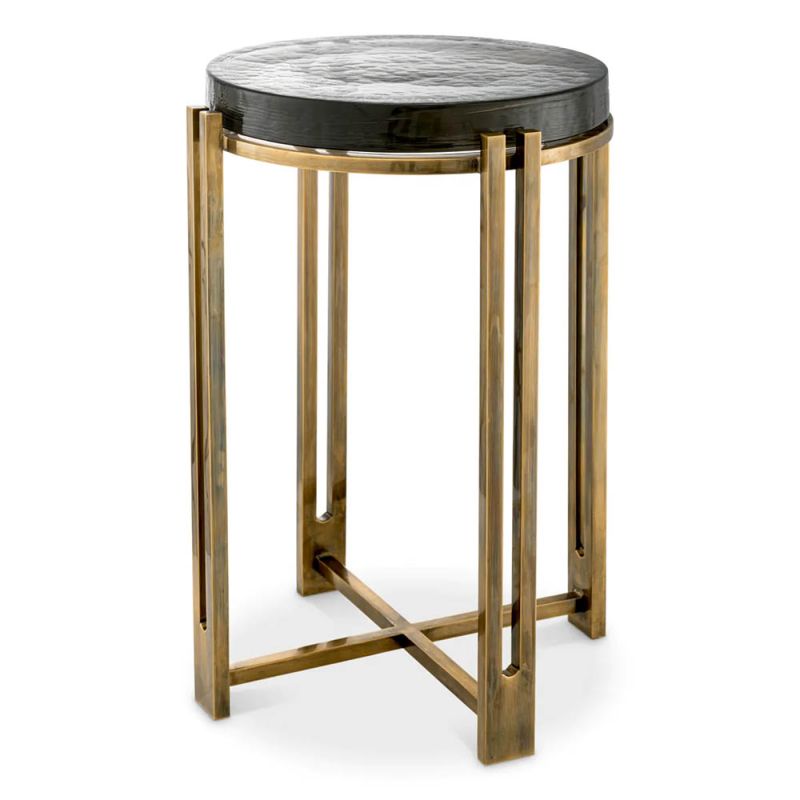 Side table featuring round, thick tabletop made from handmade vintage glass and brass finish 