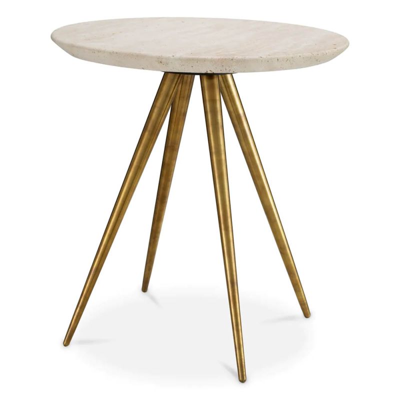 Side table with four brass finish legs and a round travertine top