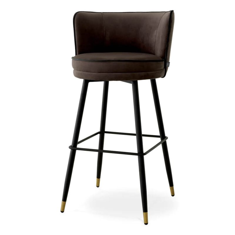 High-back barstool in dark savona grey velvet upholstery and contrast piping
