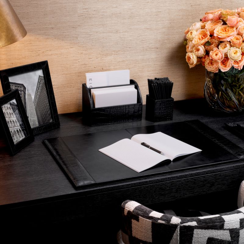 Black croc leather desk set, letter holder, pencil box and bin