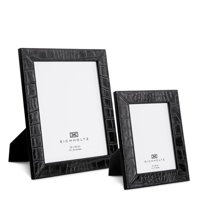 Set of two black croc leather photo frames, one small & one large