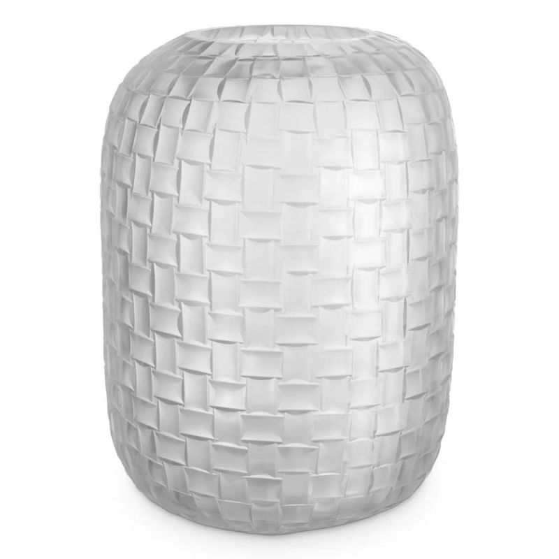 Glass vase with frosted finish and meticulous hand cut woven details