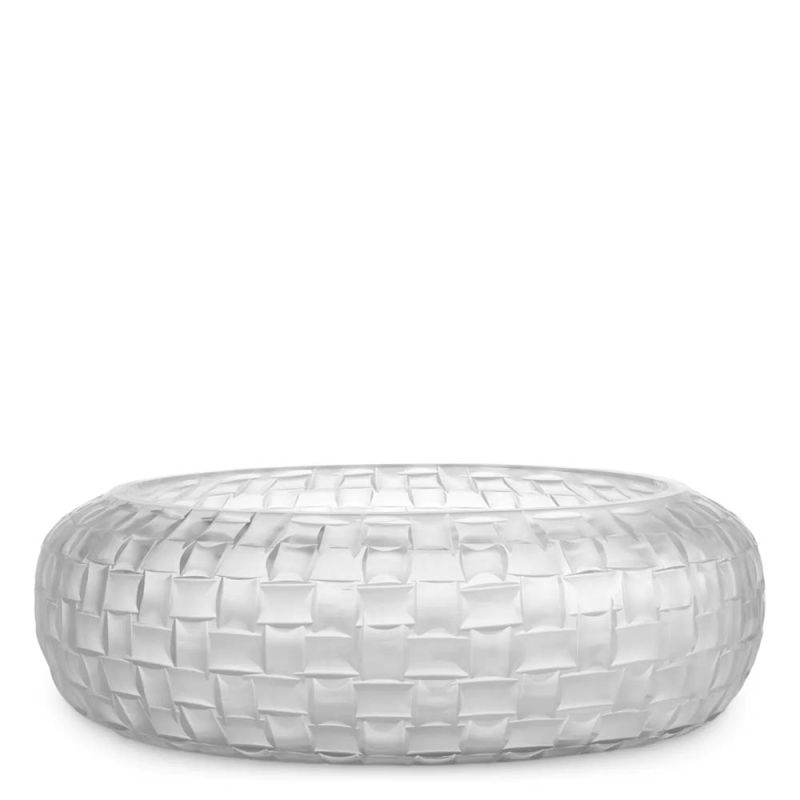 Glass bowl with frosted finish and hand cut details forming woven pattern
