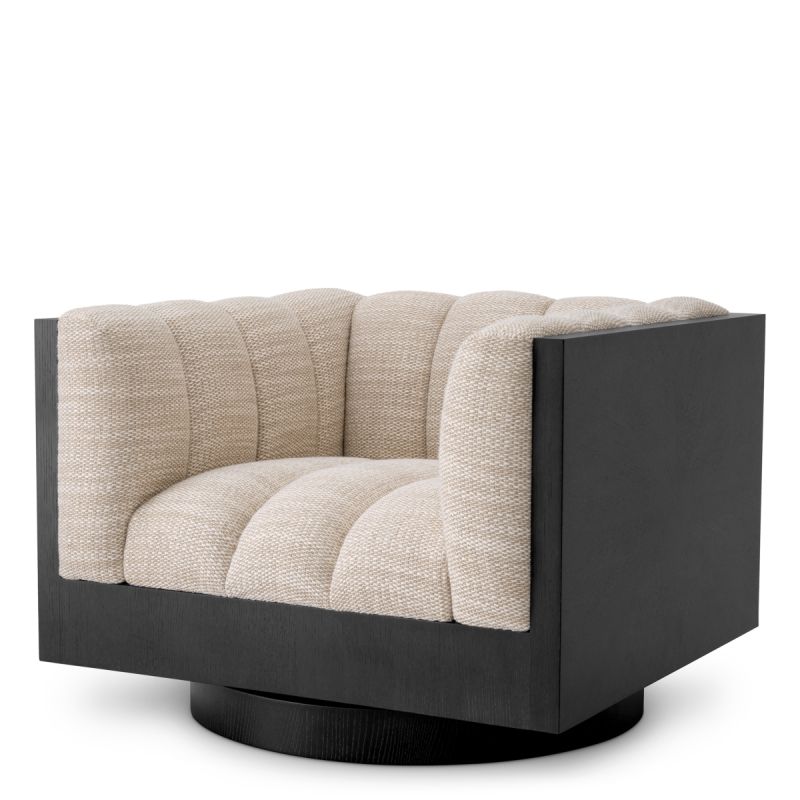 Taupe upholstered seat with fluting detail and encompassing black wood back