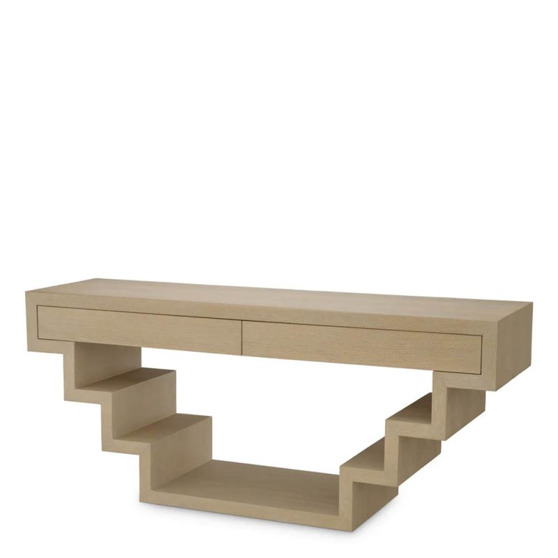 Stepped modern console table with two drawers in washed wood