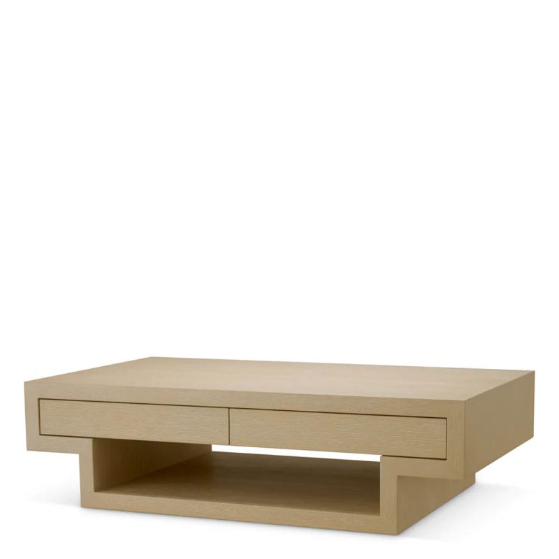 Low modern coffee table with shelf and two drawers in washed wood