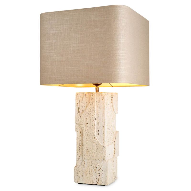 Table lamp with square rounded shade and a travertine base