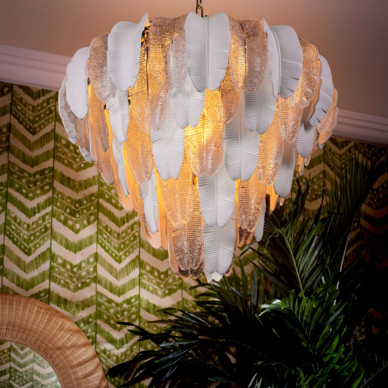 Inspired by the banana tree, the Saint Lucia Chandelier blends ceramic and textured glass, creating a unique and elegant focal point.
