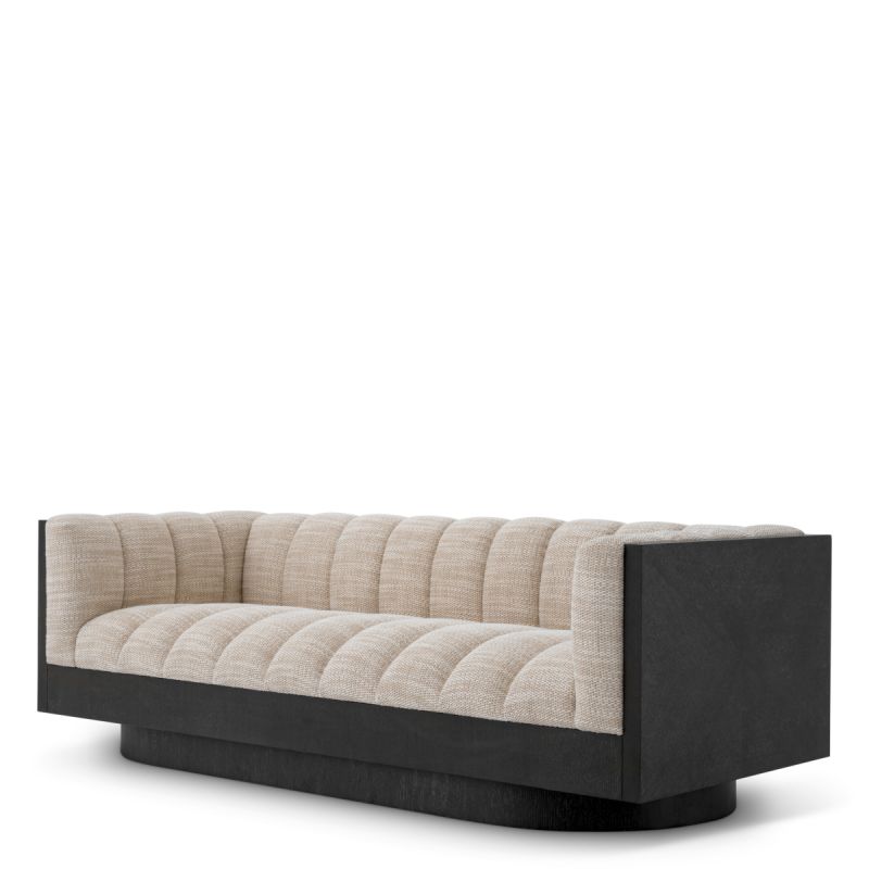 Upholstered sofa with fluted seating and black wood encompassing edge