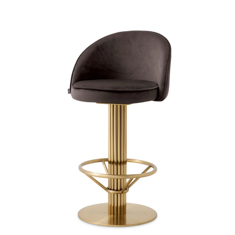 Contemporary counter stool with brass finish base and velvet grey seat