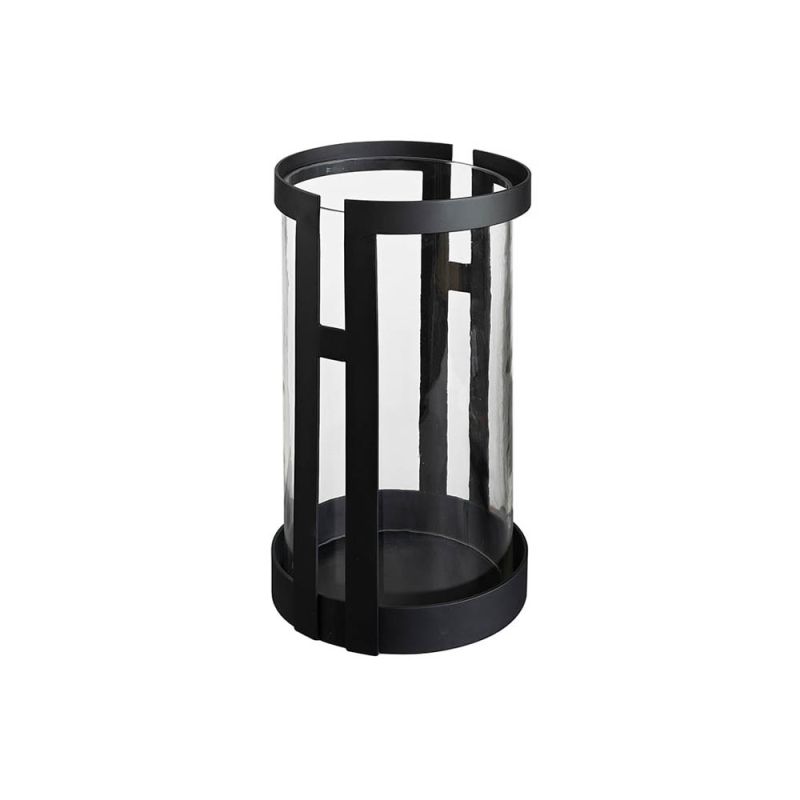 Modern black metal frame cylindrical lamp with glass panels