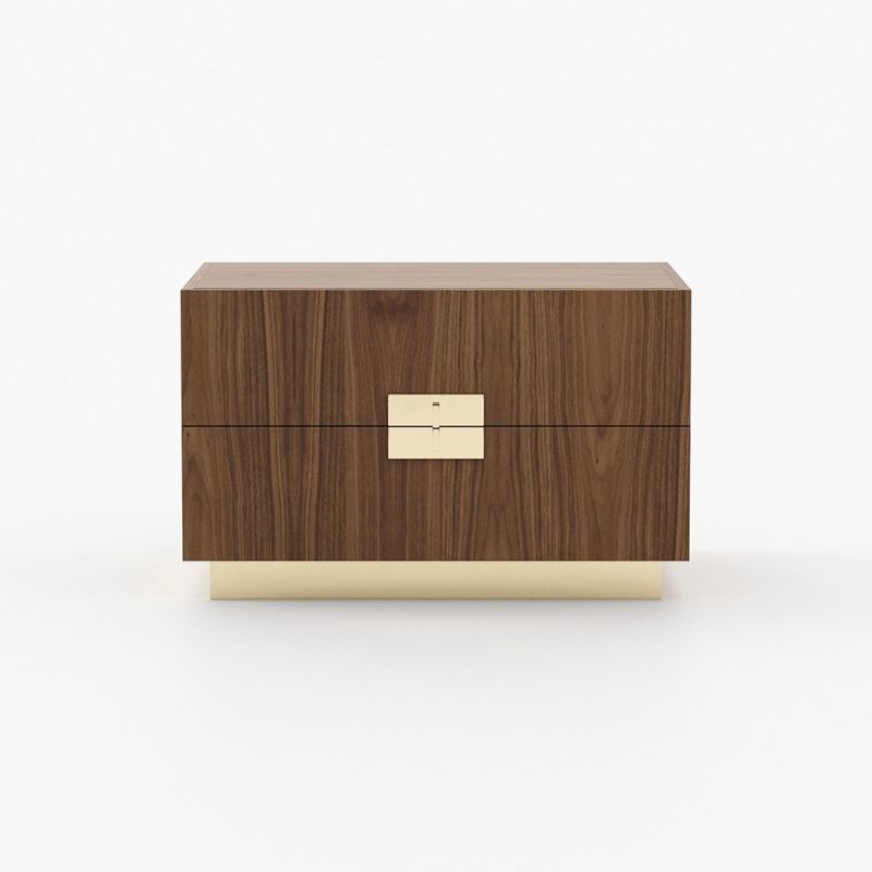 Walnut matte wooden bedside table with golden handles and base