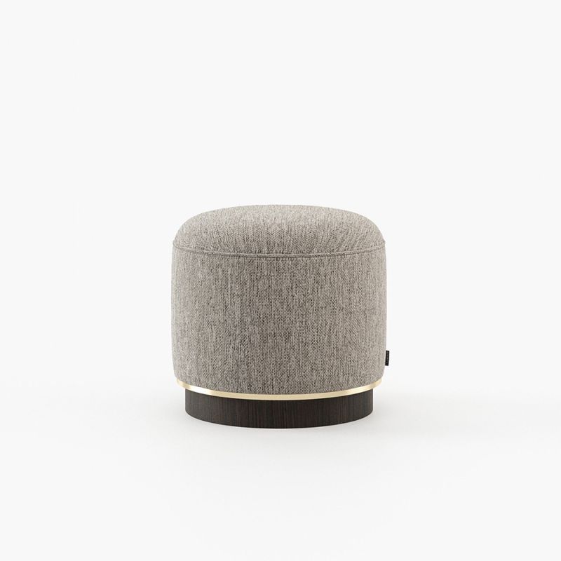 Luxury beige and taupe weave upholstered pouffe with dark wooden base and metallic border