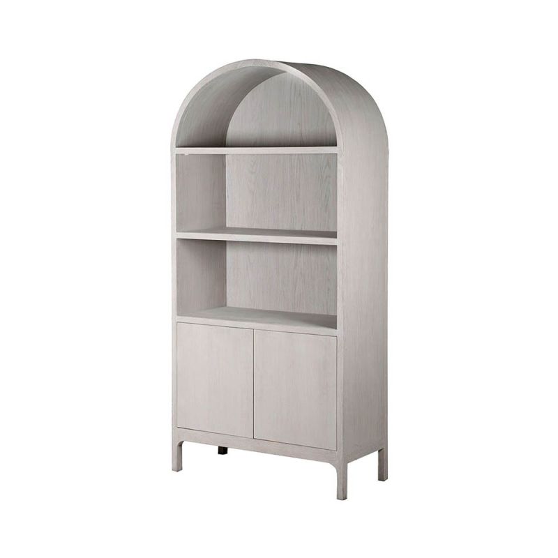 oak wood display cabinet in light grey finish with arched top