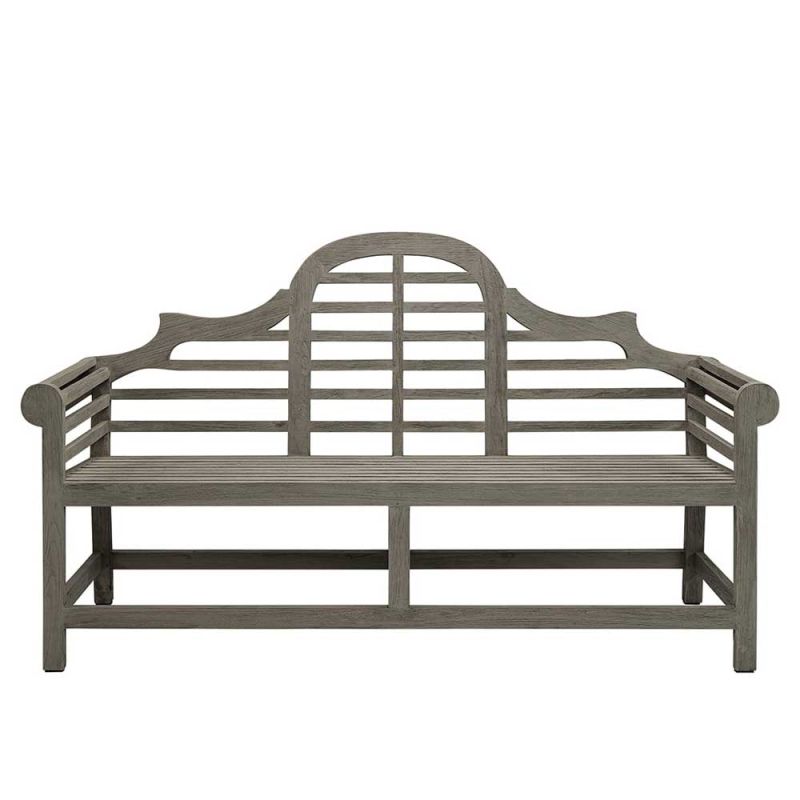 Ornate outdoor bench with curved detailing in grey finish