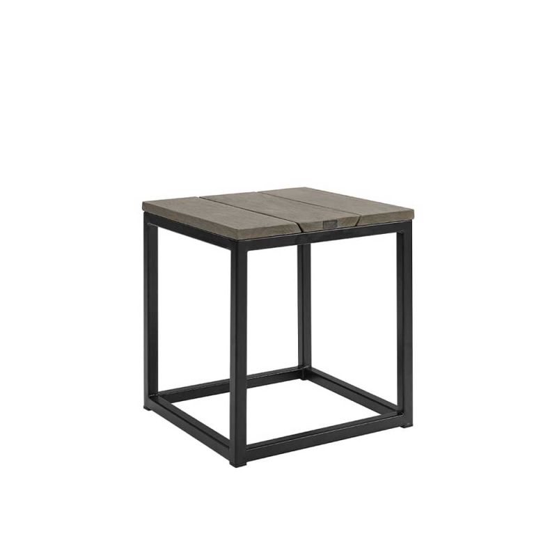 Outdoor side table with black metal frame and wooden tabletop