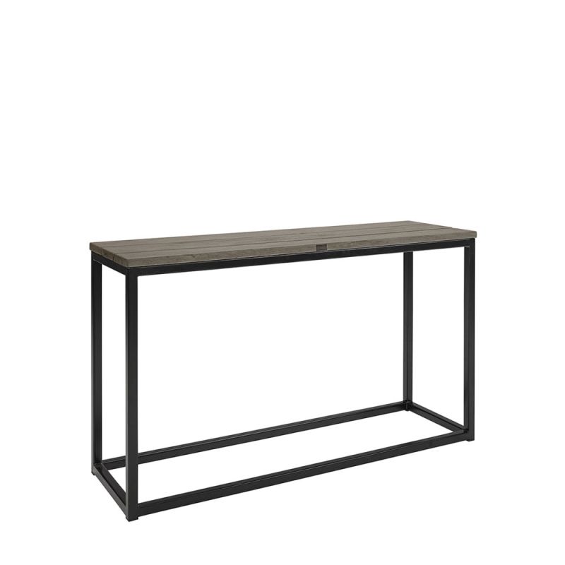 Rectangular outdoor console table with black metal frame and wooden tabletop