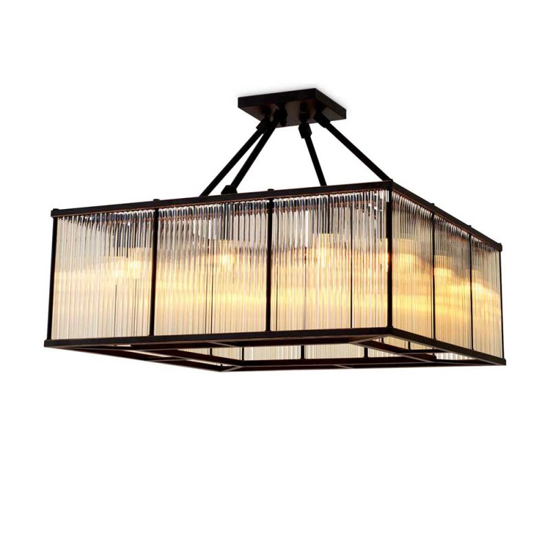 Square ceiling light with bronze frame and glass rod details