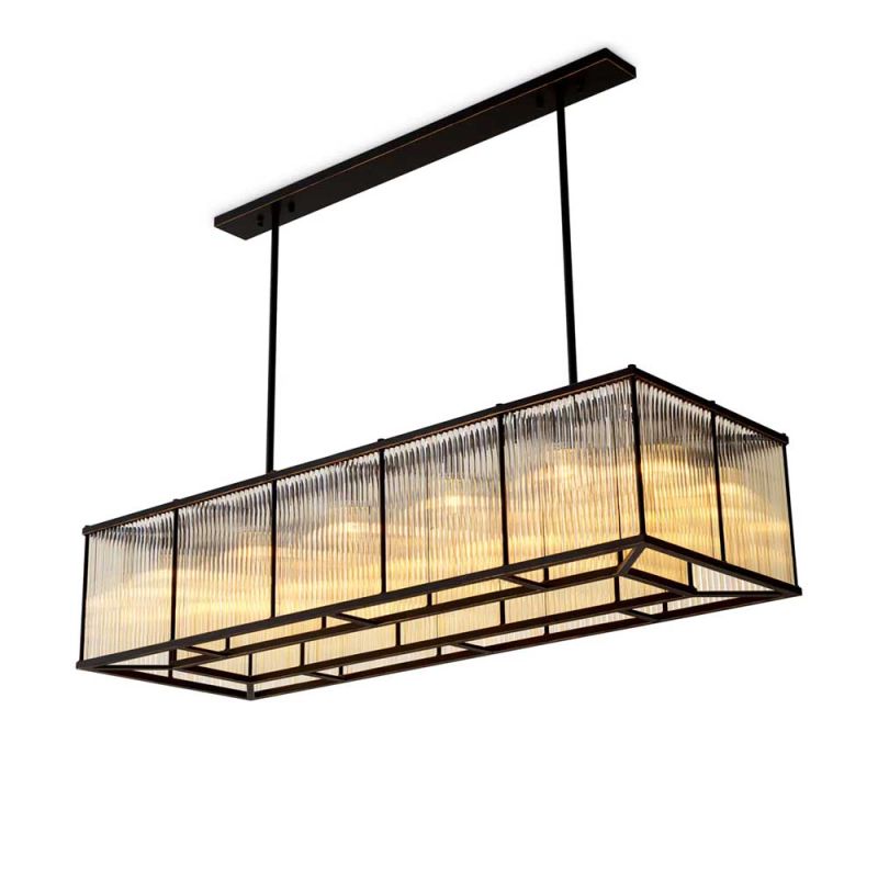 Glass rod rectangular chandelier with bronze metal frame