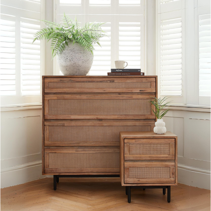 Wooden chest of four drawers with rattan drawers