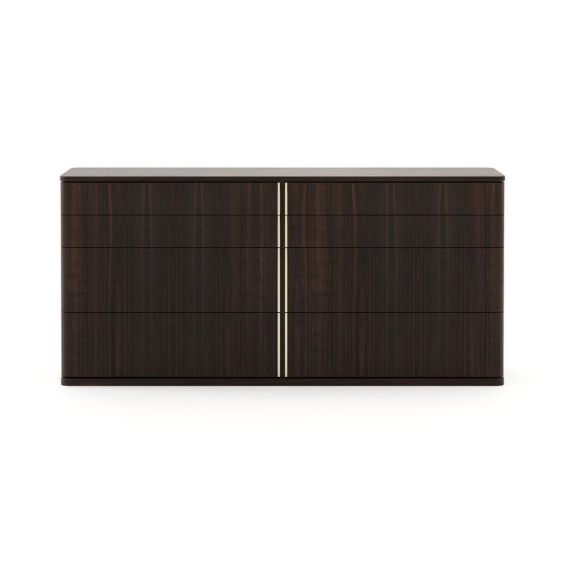 A luxurious smoked eucalyptus chest of drawers with metal accents and 8 drawers