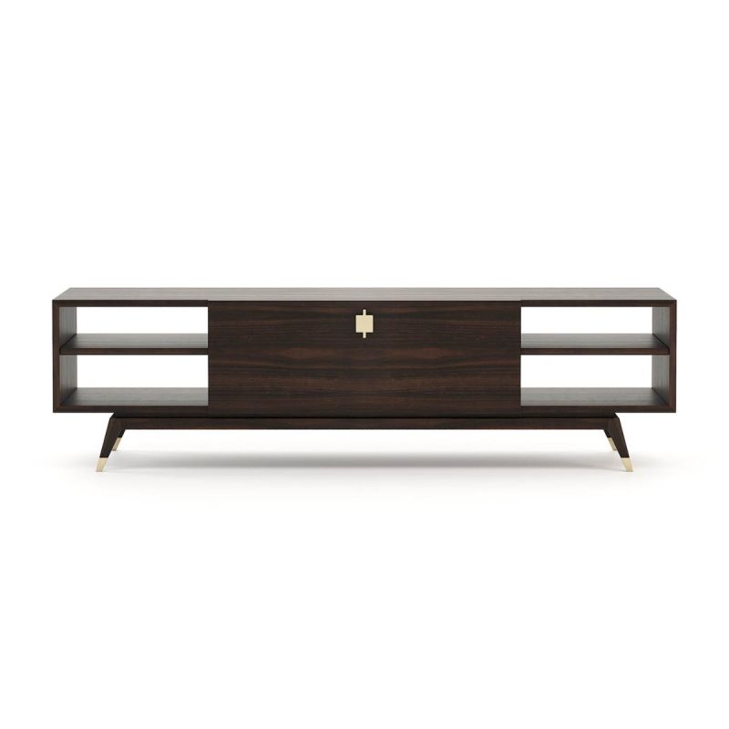 A chic and sophisticated wooden TV cabinet with gold-painted stainless steel accents 