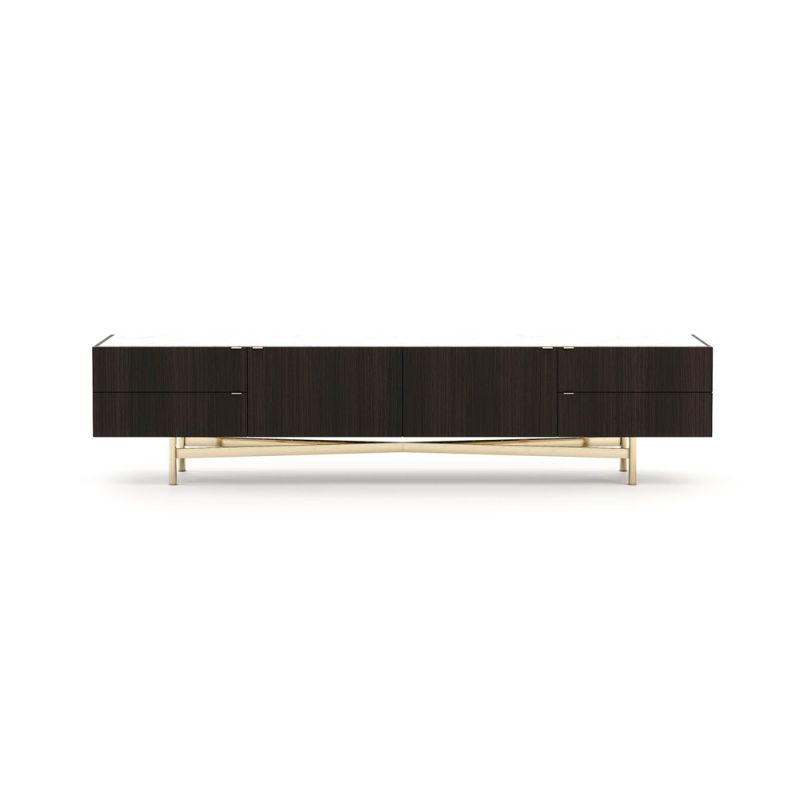 A luxurious entertainment unit made from eucalyptus wood with a marble surface and gold-painted stainless steel legs 