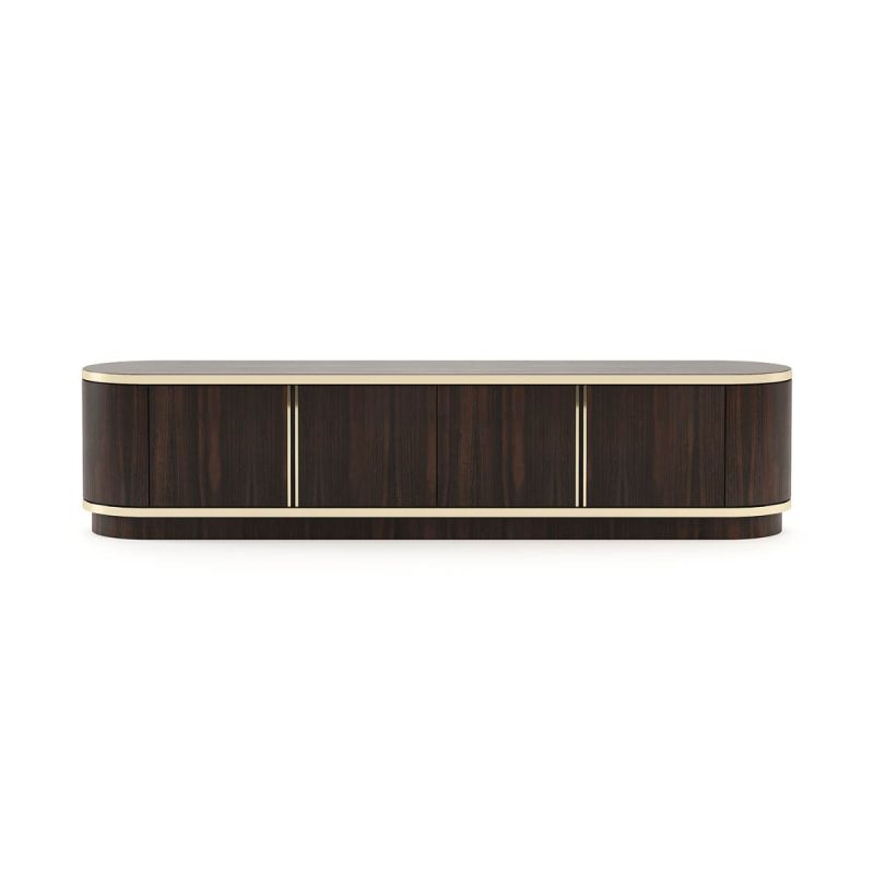A mid-century and early century-inspired smoked oak TV base entertainment unit