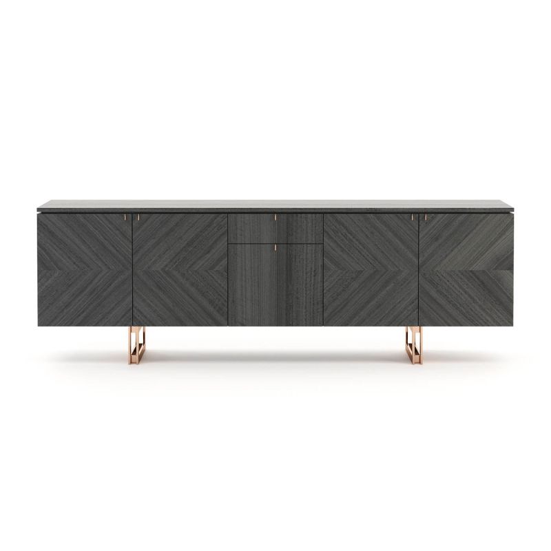 A chic grey eucalyptus sideboard with copper accents and stainless steel legs
