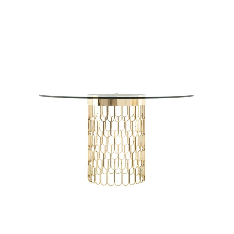 A modern dining table with an art deco-inspired golden base and round glass tabletop