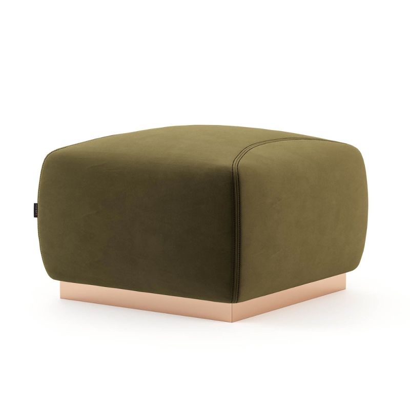 Upholstered square pouffe with copper stainless steel footer. Pictured in Forest.