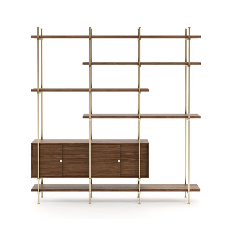 A stylish shelving unit made from walnut wood and stainless steel
