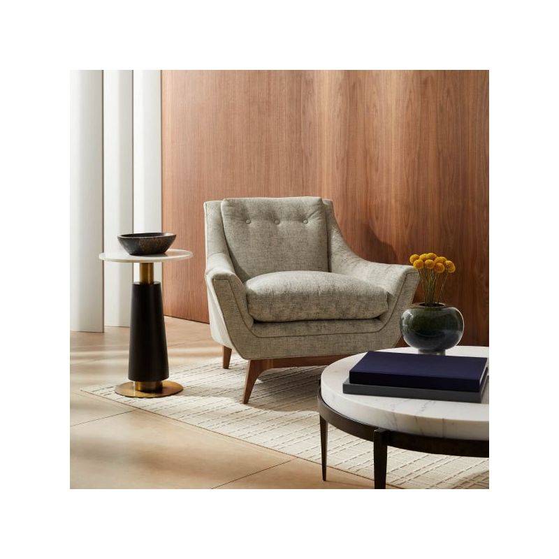 Marble round surface side table with brass accents and conical wood base