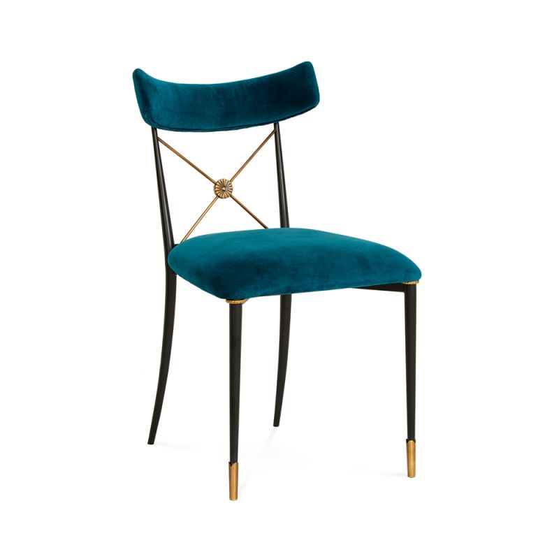 A luxurious vintage-style dining chair with polished brass accents and navy upholstery