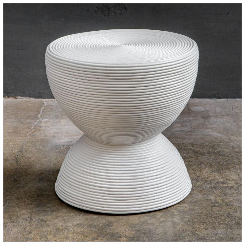 White side table with ribbed detailing in rattan