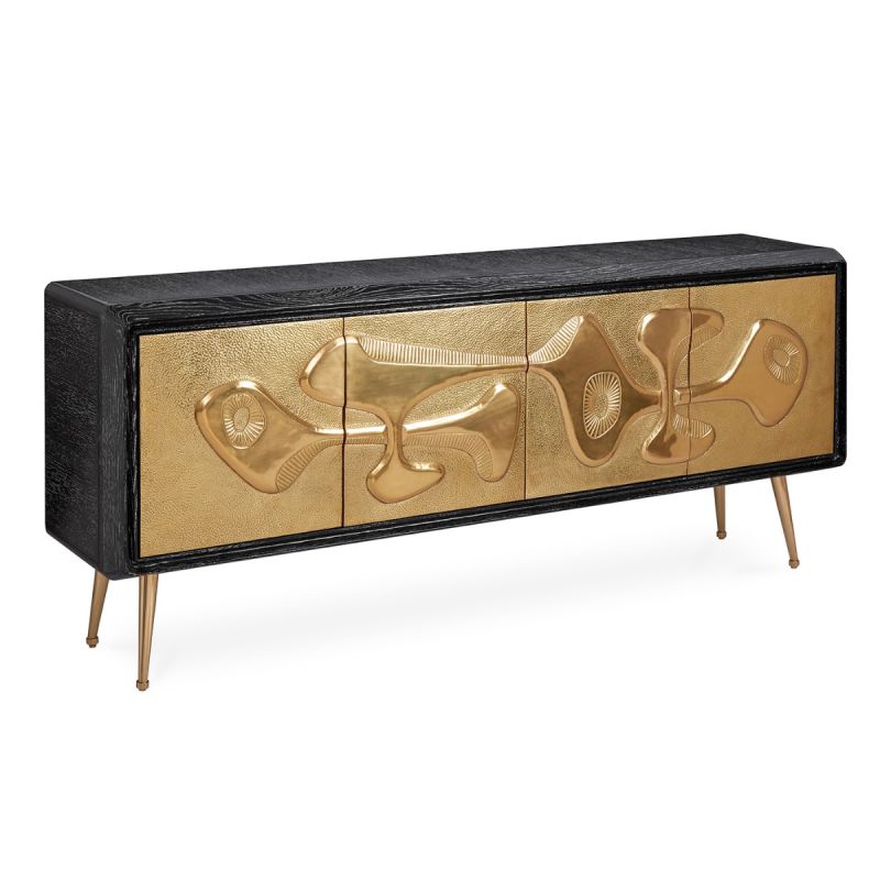 A brutalist inspired black and hand-hammered brass credenza 