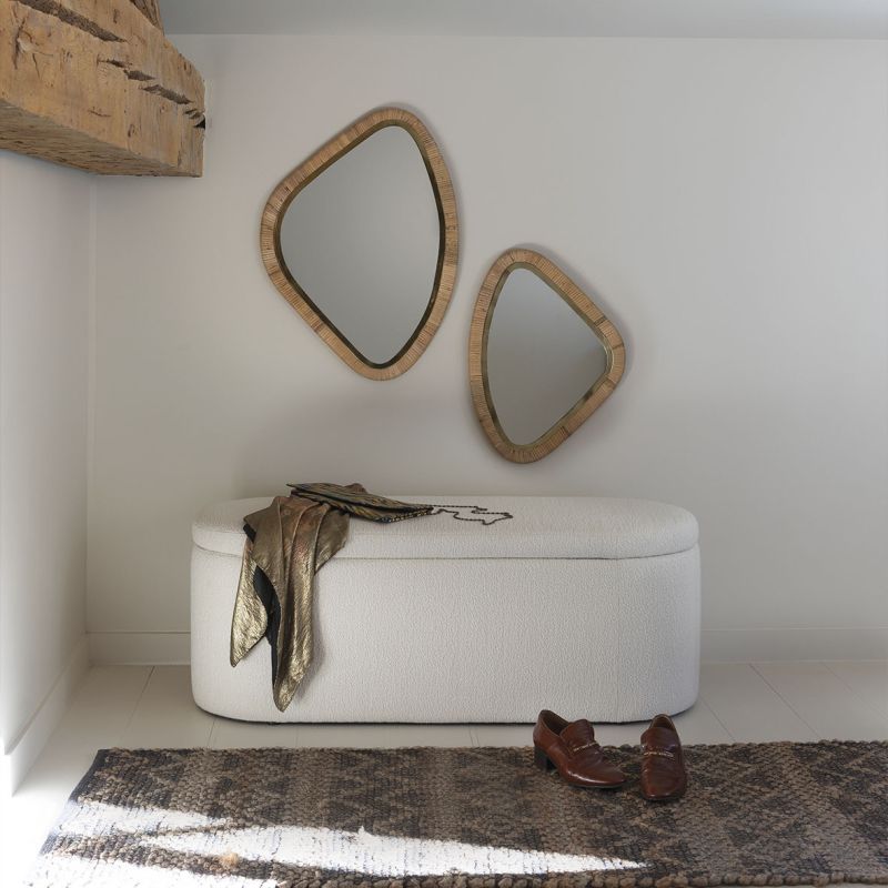 Cream bench in boucle finish with liftable top