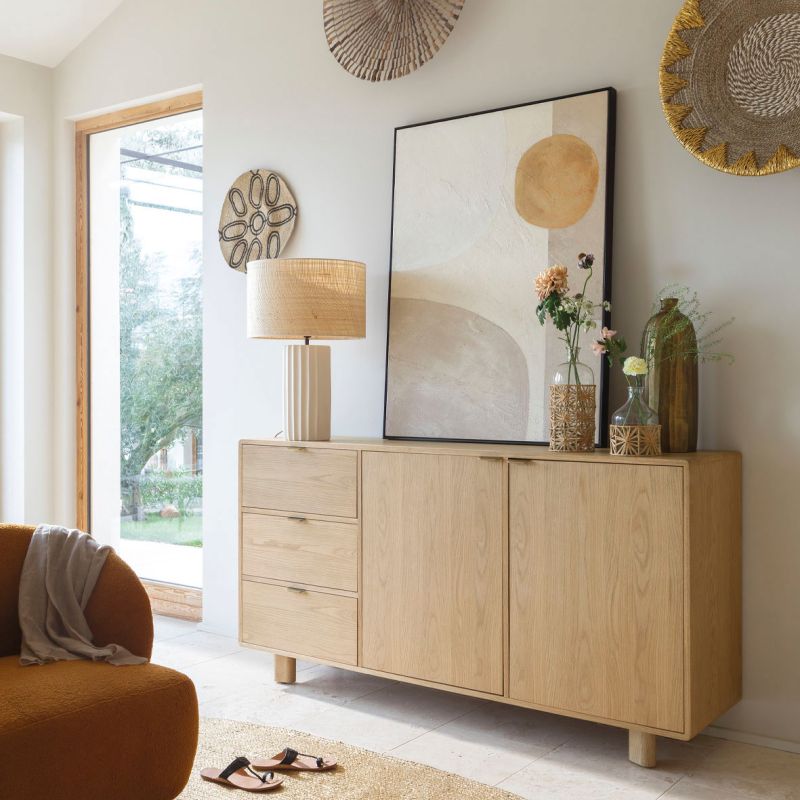 Wooden sideboard with three spacious drawers and two cupboards