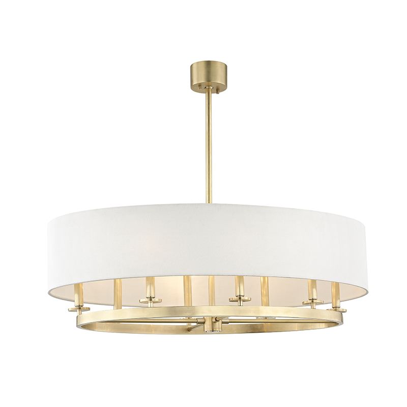 An elegant oval ceiling pendant in aged brass with an off-white linen lampshade 